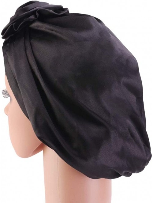 Skullies & Beanies Women's Satin Flower Elastic Turban Beanie Chemo Cap Hair Loss Hat - Black - C618SM0UEOT $15.40