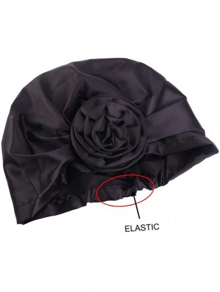 Skullies & Beanies Women's Satin Flower Elastic Turban Beanie Chemo Cap Hair Loss Hat - Black - C618SM0UEOT $15.40