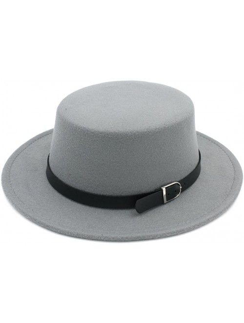 Fedoras Women Wool Blend Boater Hat Sailor Flat Top Bowler Cap Belt Buckle Band - Gray - C1184X62K4R $16.20