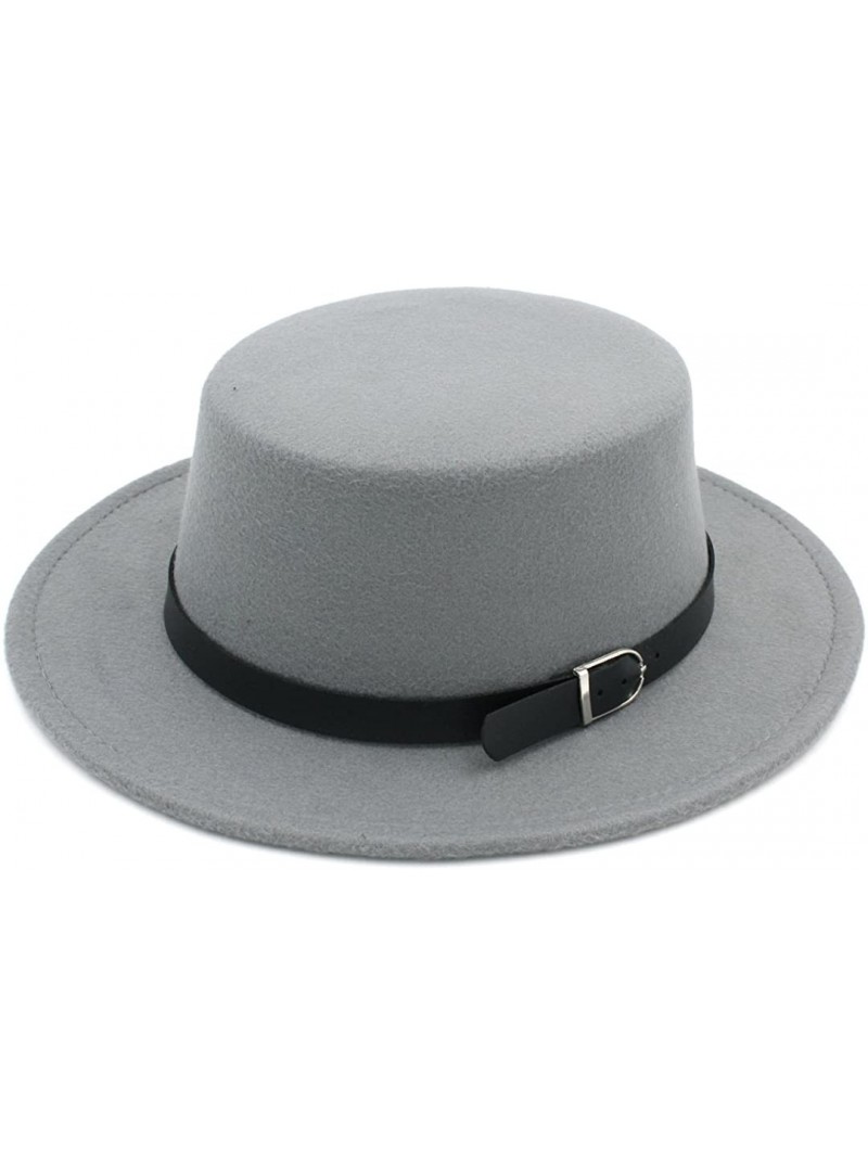 Fedoras Women Wool Blend Boater Hat Sailor Flat Top Bowler Cap Belt Buckle Band - Gray - C1184X62K4R $16.20