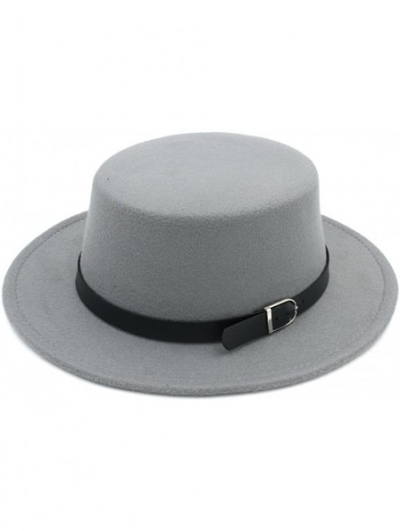 Fedoras Women Wool Blend Boater Hat Sailor Flat Top Bowler Cap Belt Buckle Band - Gray - C1184X62K4R $16.20