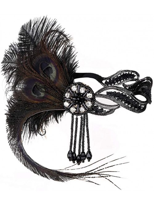 Headbands 1920s Flapper Vintage Peacock Feather Gatsby Beaded Tassel Headpiece - Black - C918K78C8DO $14.71