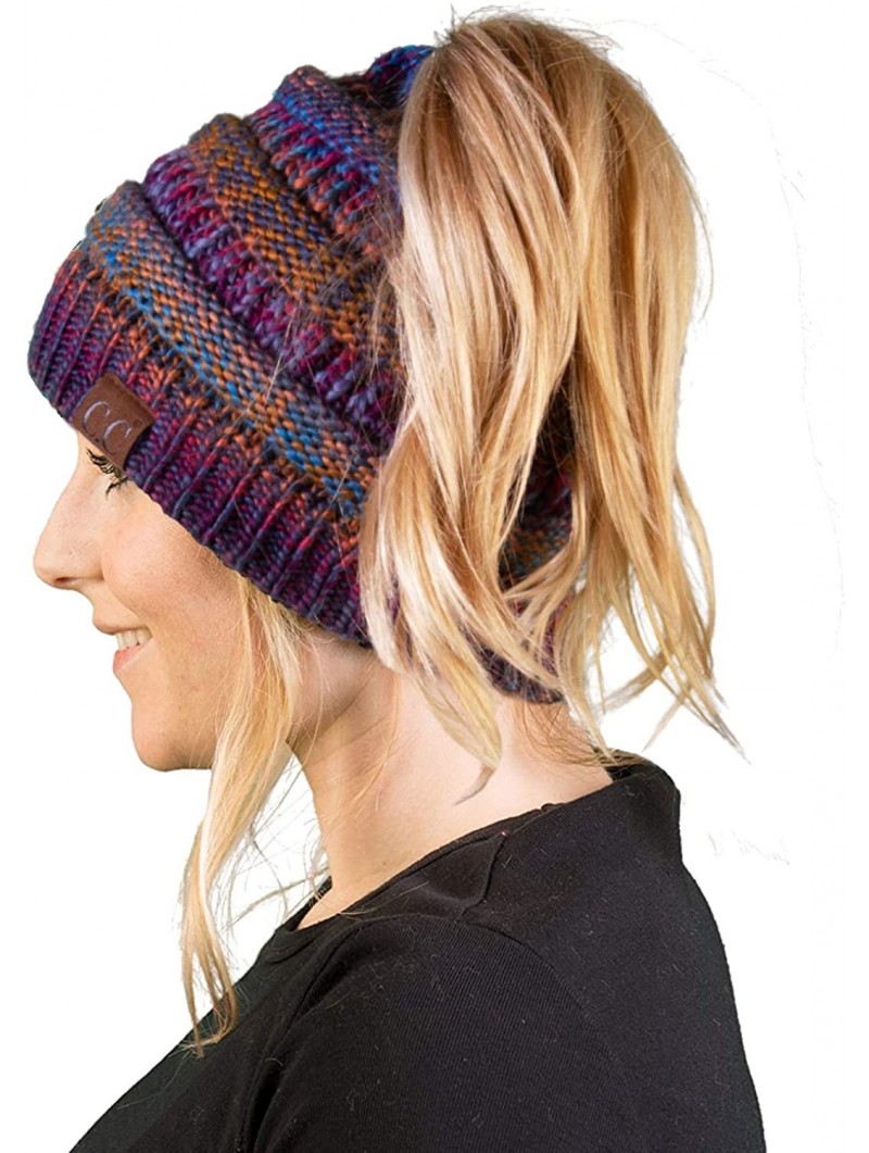 Skullies & Beanies Women's Beanie Ponytail Messy Bun BeanieTail Multi Color Ribbed Hat Cap - A Galaxy Mix - Multi Mustard - C...