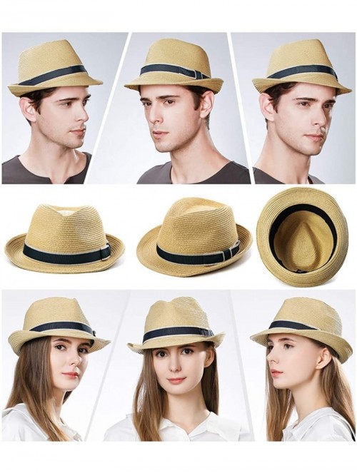 Fedoras Packable Straw Fedora Panama Sun Summer Beach Hat Cuban Trilby Men Women 55-61cm - 89600-beige - C818QHAULNG $29.08