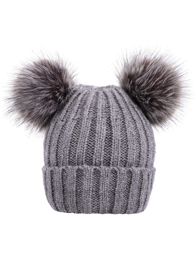 Skullies & Beanies Women's Faux Fur Pompom Mickey Ears Cable Knit Winter Beanie Hat - Grey Hat Black Grey Ball Beige Lining -...