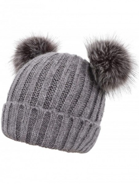 Skullies & Beanies Women's Faux Fur Pompom Mickey Ears Cable Knit Winter Beanie Hat - Grey Hat Black Grey Ball Beige Lining -...