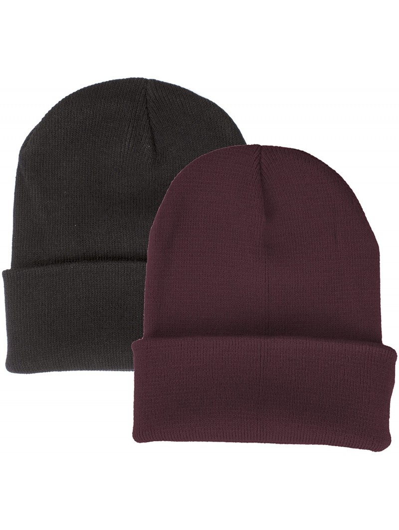 Skullies & Beanies 2 Pack Made in USA Thick Beanie Cuff Premium Headwear Winter Hat - Black & Burgundy - C7189KLYLGI $14.58