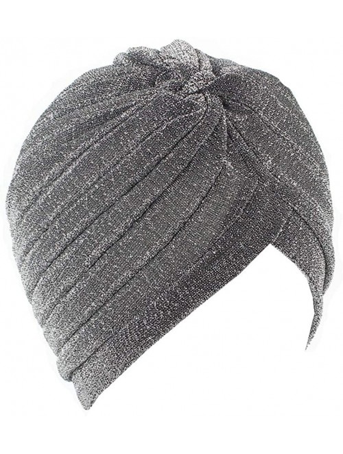 Skullies & Beanies Luxury Stretchable Glitter Flower Chemo Beanie Hair Loss Turban - Silver01 - CQ18KX9WUGW $13.17