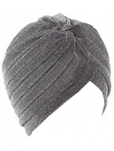 Skullies & Beanies Luxury Stretchable Glitter Flower Chemo Beanie Hair Loss Turban - Silver01 - CQ18KX9WUGW $13.17