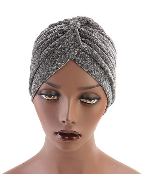 Skullies & Beanies Luxury Stretchable Glitter Flower Chemo Beanie Hair Loss Turban - Silver01 - CQ18KX9WUGW $13.17