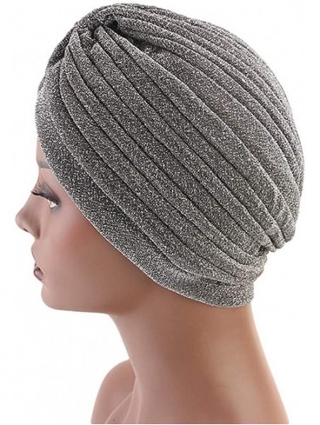 Skullies & Beanies Luxury Stretchable Glitter Flower Chemo Beanie Hair Loss Turban - Silver01 - CQ18KX9WUGW $13.17