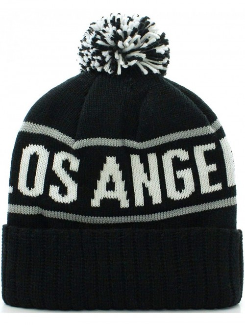 Skullies & Beanies Los Angeles California Cuff Beanie Cable Knit Pom Pom Hat Cap - Black Black - CS11OMVAW6V $14.80