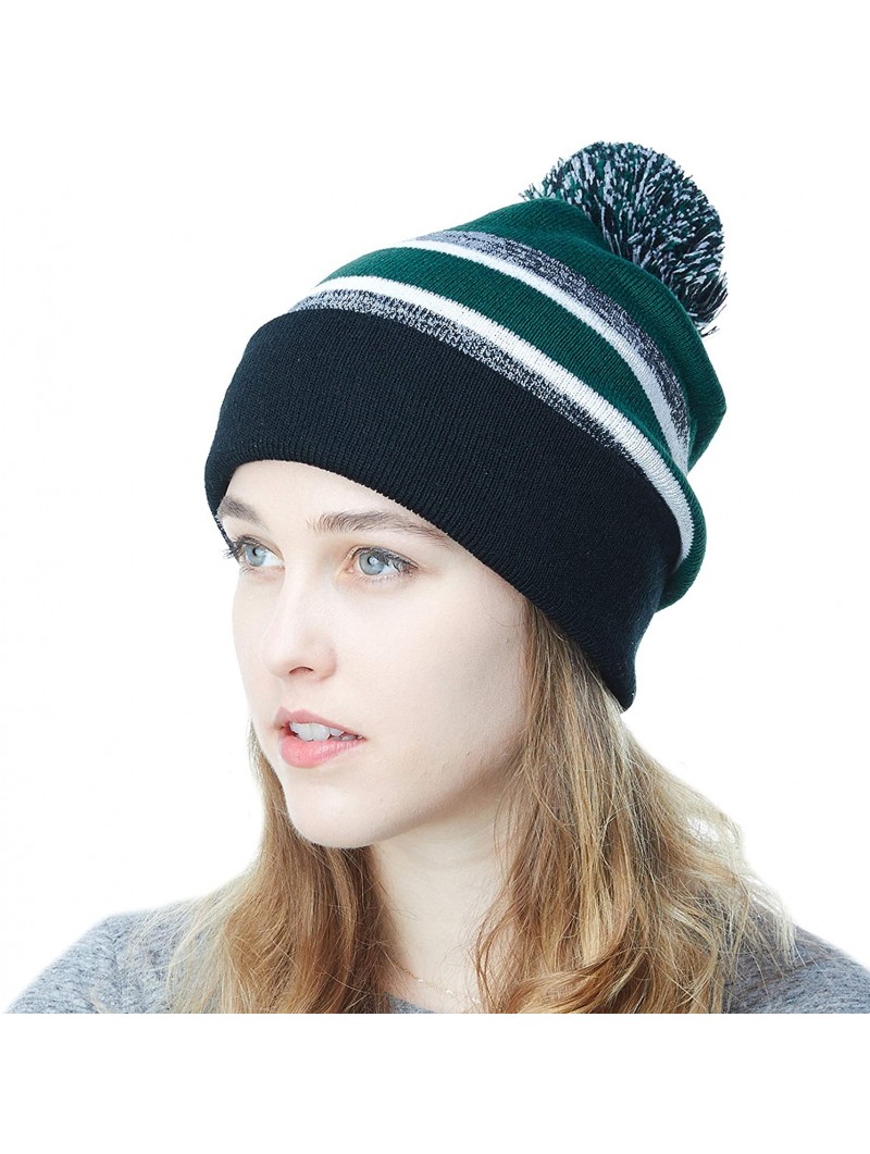 Skullies & Beanies Winter Soft Unisex Cuff Pom Pom Stripe Knit Beanie Skull Slouch Hat - Black/D.green-2 - CE1876CZTI2 $13.19