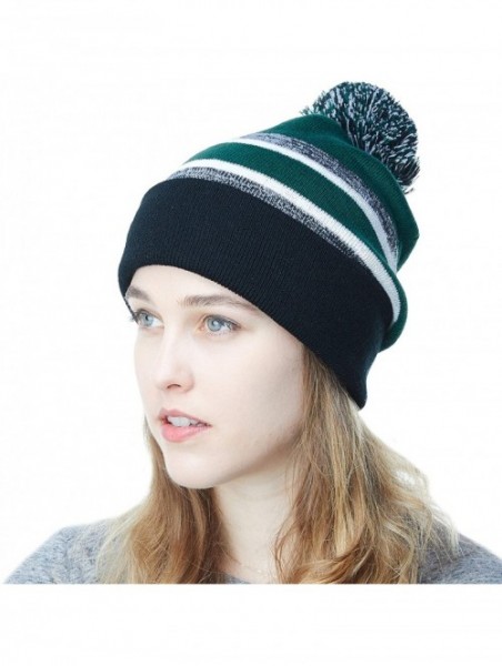 Skullies & Beanies Winter Soft Unisex Cuff Pom Pom Stripe Knit Beanie Skull Slouch Hat - Black/D.green-2 - CE1876CZTI2 $13.19