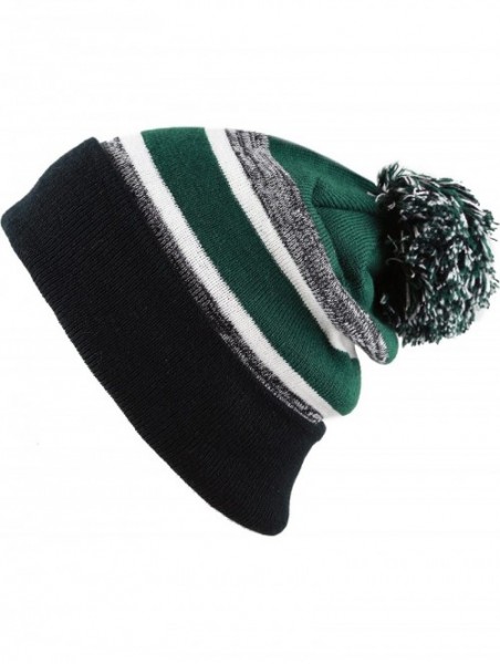 Skullies & Beanies Winter Soft Unisex Cuff Pom Pom Stripe Knit Beanie Skull Slouch Hat - Black/D.green-2 - CE1876CZTI2 $13.19