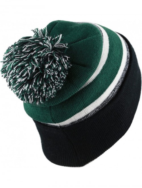 Skullies & Beanies Winter Soft Unisex Cuff Pom Pom Stripe Knit Beanie Skull Slouch Hat - Black/D.green-2 - CE1876CZTI2 $13.19