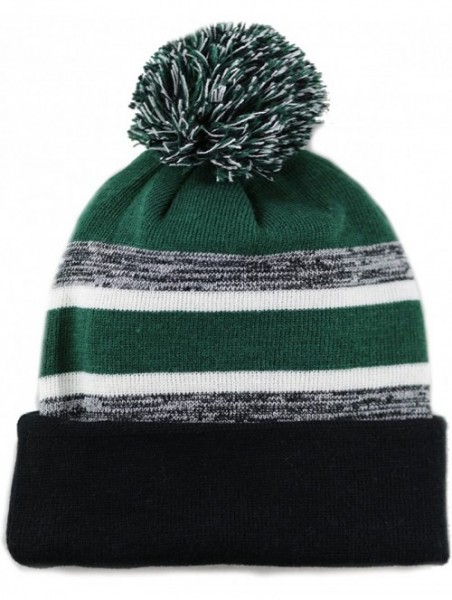 Skullies & Beanies Winter Soft Unisex Cuff Pom Pom Stripe Knit Beanie Skull Slouch Hat - Black/D.green-2 - CE1876CZTI2 $13.19