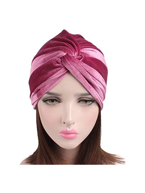 Skullies & Beanies Women's Stretch Velvet Twist Pleasted Hair Wrap Turban Hat Cancer Chemo Beanie Cap Headwear - Pink - CH18L...