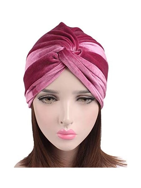 Skullies & Beanies Women's Stretch Velvet Twist Pleasted Hair Wrap Turban Hat Cancer Chemo Beanie Cap Headwear - Pink - CH18L...