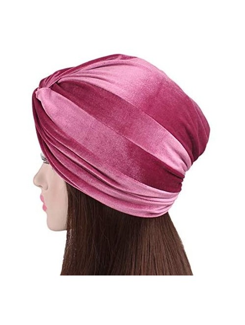 Skullies & Beanies Women's Stretch Velvet Twist Pleasted Hair Wrap Turban Hat Cancer Chemo Beanie Cap Headwear - Pink - CH18L...