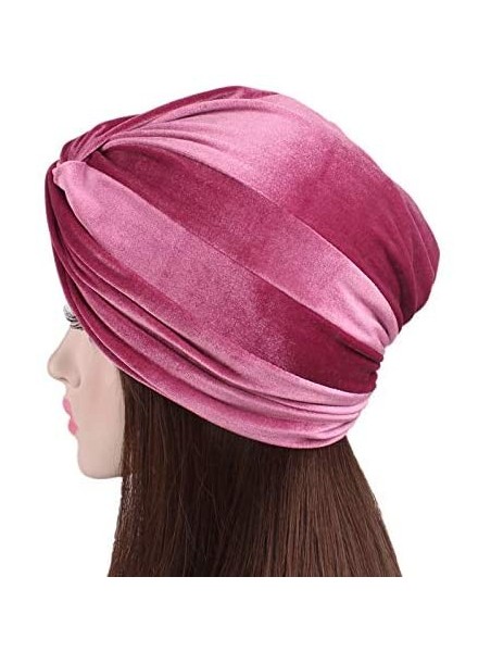 Skullies & Beanies Women's Stretch Velvet Twist Pleasted Hair Wrap Turban Hat Cancer Chemo Beanie Cap Headwear - Pink - CH18L...