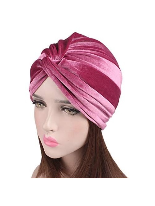 Skullies & Beanies Women's Stretch Velvet Twist Pleasted Hair Wrap Turban Hat Cancer Chemo Beanie Cap Headwear - Pink - CH18L...