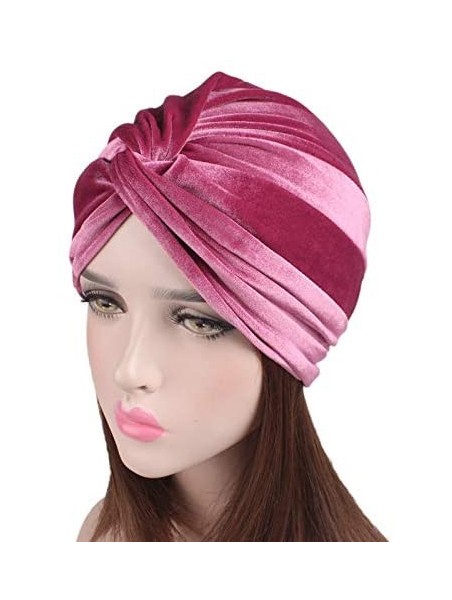 Skullies & Beanies Women's Stretch Velvet Twist Pleasted Hair Wrap Turban Hat Cancer Chemo Beanie Cap Headwear - Pink - CH18L...