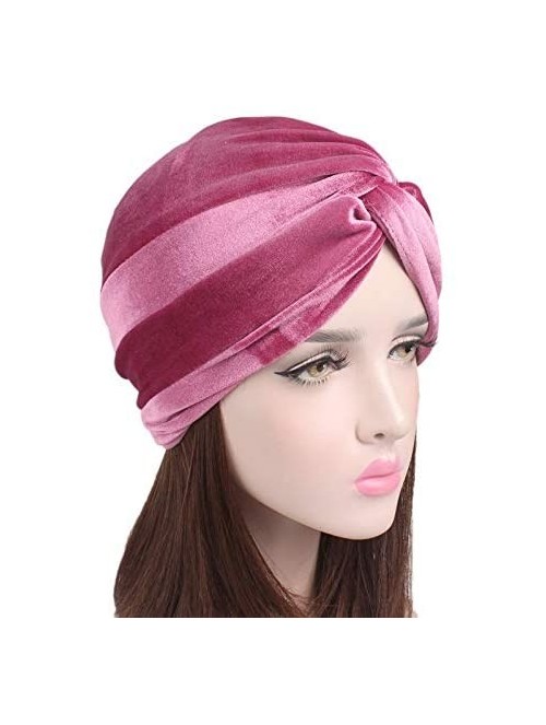 Skullies & Beanies Women's Stretch Velvet Twist Pleasted Hair Wrap Turban Hat Cancer Chemo Beanie Cap Headwear - Pink - CH18L...