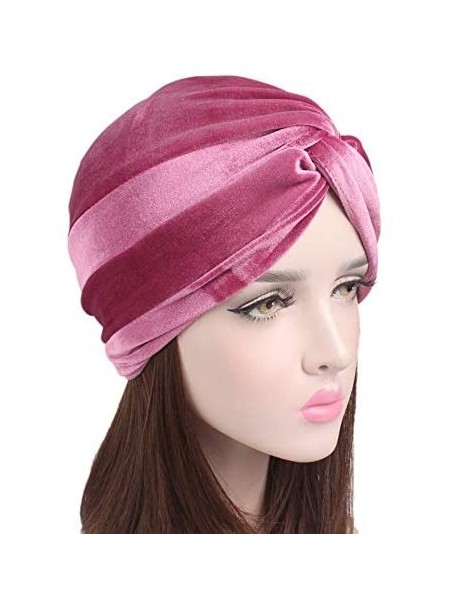 Skullies & Beanies Women's Stretch Velvet Twist Pleasted Hair Wrap Turban Hat Cancer Chemo Beanie Cap Headwear - Pink - CH18L...