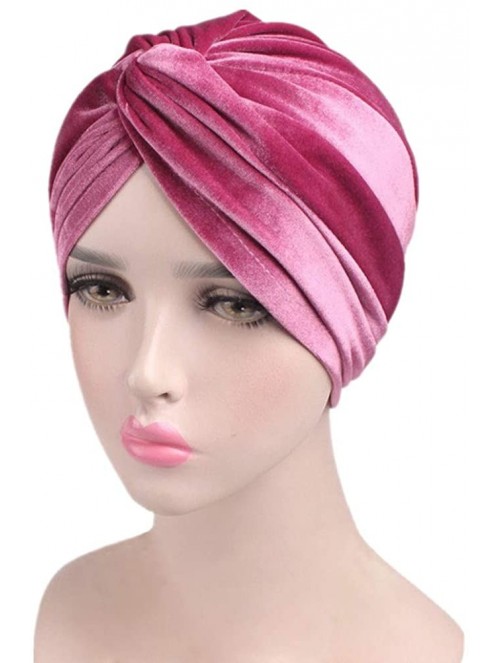 Skullies & Beanies Women's Stretch Velvet Twist Pleasted Hair Wrap Turban Hat Cancer Chemo Beanie Cap Headwear - Pink - CH18L...