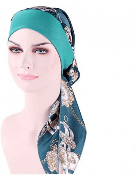 Skullies & Beanies Women Vintage Silky Turbans Bonnet Elastic Wide Band Multifunction Printing Hat Chemo Hair Loss Cap - Gree...