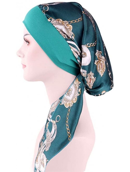 Skullies & Beanies Women Vintage Silky Turbans Bonnet Elastic Wide Band Multifunction Printing Hat Chemo Hair Loss Cap - Gree...