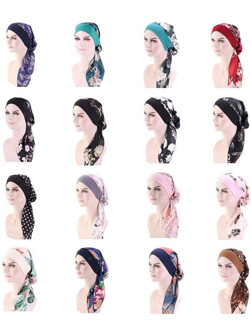 Skullies & Beanies Women Vintage Silky Turbans Bonnet Elastic Wide Band Multifunction Printing Hat Chemo Hair Loss Cap - Gree...