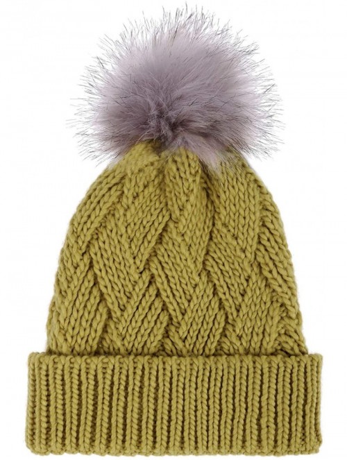 Skullies & Beanies Diamond Weave Knit Beanie with Faux Fur Pompom - Star Fruit - C7185LUW0HA $14.83