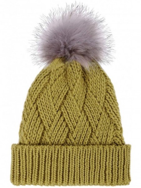 Skullies & Beanies Diamond Weave Knit Beanie with Faux Fur Pompom - Star Fruit - C7185LUW0HA $14.83