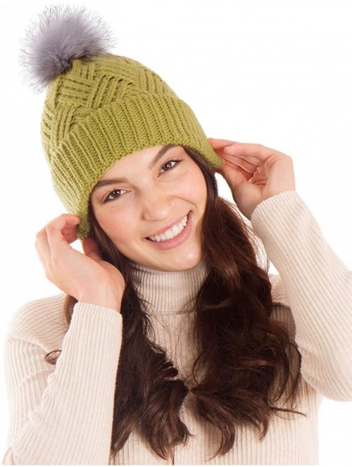 Skullies & Beanies Diamond Weave Knit Beanie with Faux Fur Pompom - Star Fruit - C7185LUW0HA $14.83