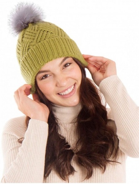 Skullies & Beanies Diamond Weave Knit Beanie with Faux Fur Pompom - Star Fruit - C7185LUW0HA $14.83