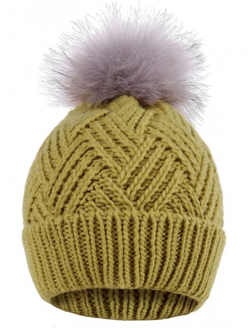 Skullies & Beanies Diamond Weave Knit Beanie with Faux Fur Pompom - Star Fruit - C7185LUW0HA $14.83