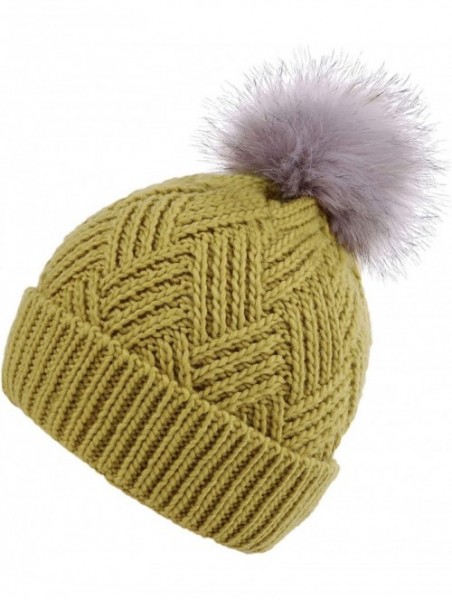 Skullies & Beanies Diamond Weave Knit Beanie with Faux Fur Pompom - Star Fruit - C7185LUW0HA $14.83