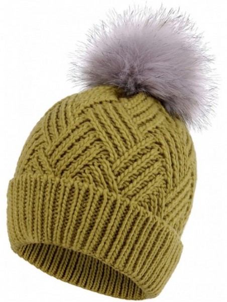 Skullies & Beanies Diamond Weave Knit Beanie with Faux Fur Pompom - Star Fruit - C7185LUW0HA $14.83