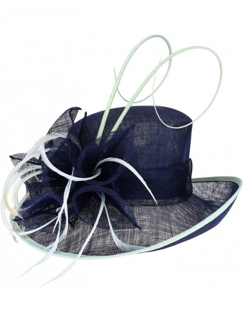 Sun Hats Women's Feather Quill Decorated Flower Wide Brim Sinamay Hat - Navy - CW18R40H640 $68.67