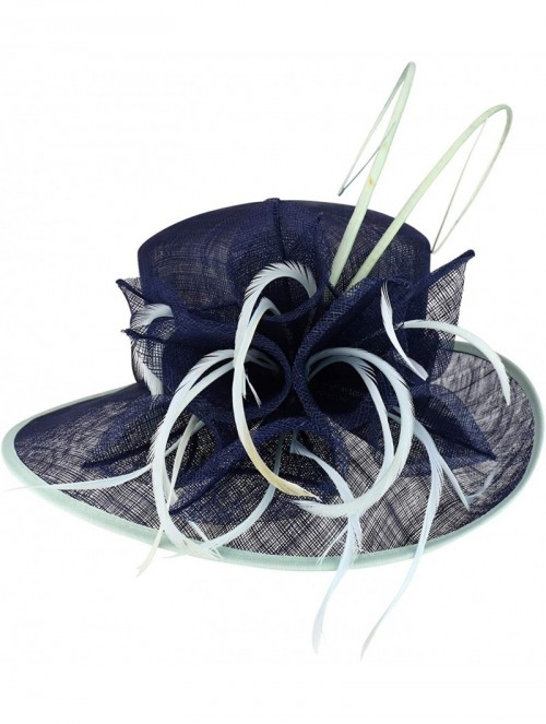 Sun Hats Women's Feather Quill Decorated Flower Wide Brim Sinamay Hat - Navy - CW18R40H640 $68.67