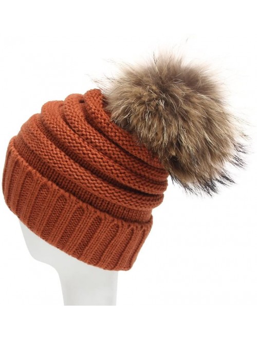 Skullies & Beanies Womens Winter Soft Cozy Hand Knit Faux Fur Pompoms Beanie Hat(Orange- one-Size) - Orange - C318I2W5HOR $12.46