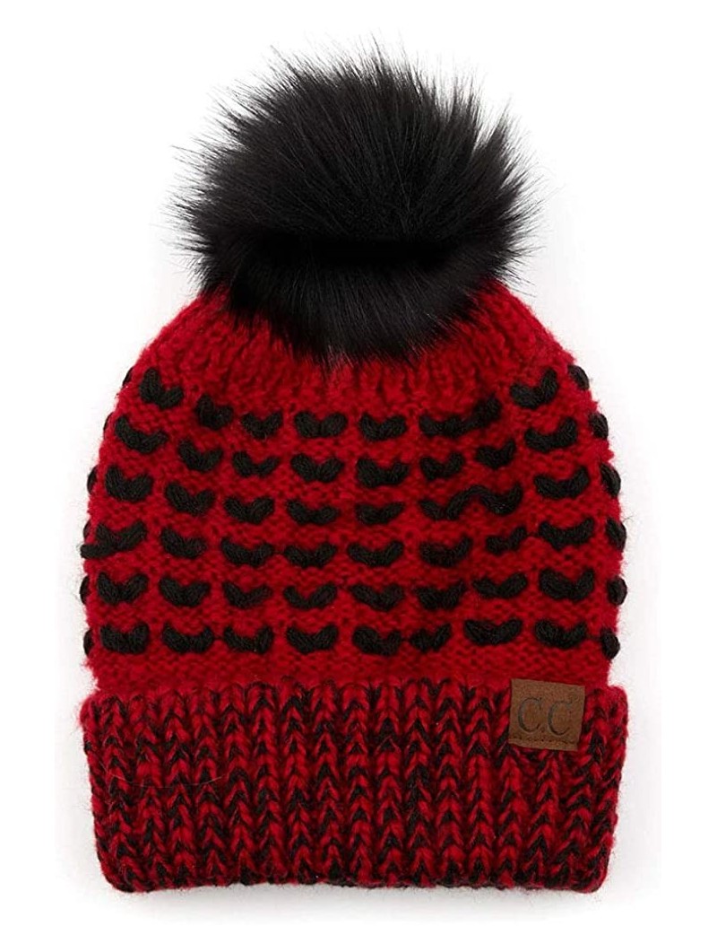 Skullies & Beanies Women's Heart Love Pattern Warm Beanie Hat with Pom Pom - Red - C118YG848MD $21.44