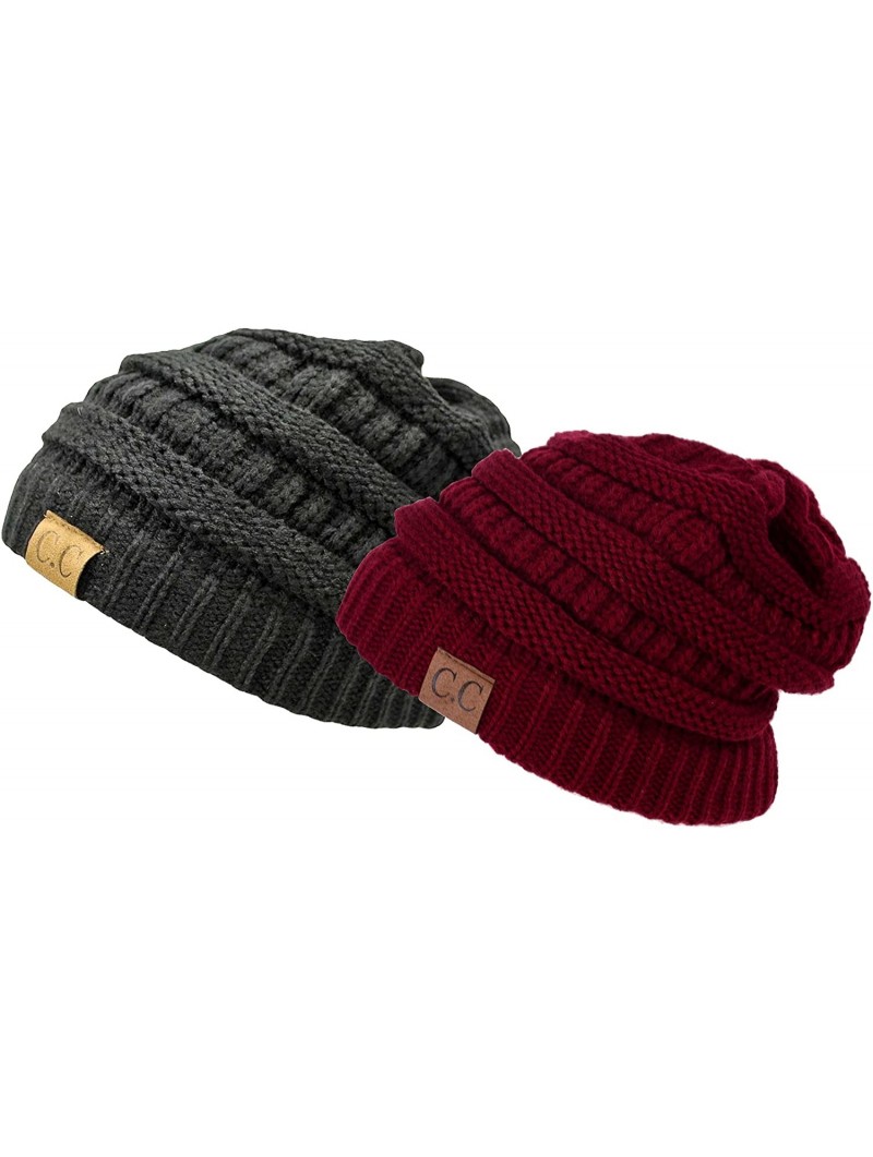 Skullies & Beanies Charcoal Grey Thick Slouchy Knit Oversized Beanie Cap Hat - Charcoal-burgundy Gift Set - CT127S1TDO9 $21.71