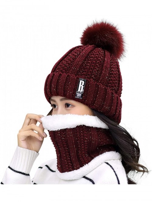 Skullies & Beanies Womens Winter Beanie Hat Scarf Set Warm Fuzzy Knit Hat Neck Scarves - Wine-red - CW192R8KLOW $20.02
