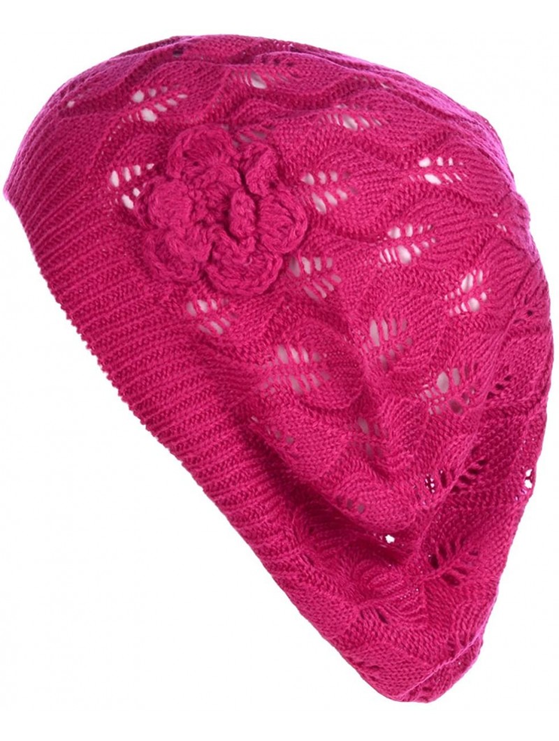 Berets Chic Parisian Style Soft Lightweight Crochet Cutout Knit Beret Beanie Hat - Fuchsia Leafy - CF12MWV1LJO $12.35