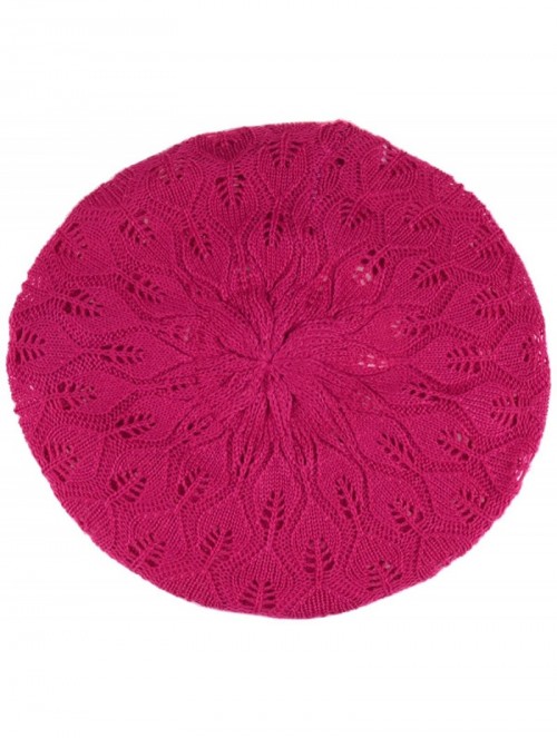 Berets Chic Parisian Style Soft Lightweight Crochet Cutout Knit Beret Beanie Hat - Fuchsia Leafy - CF12MWV1LJO $12.35