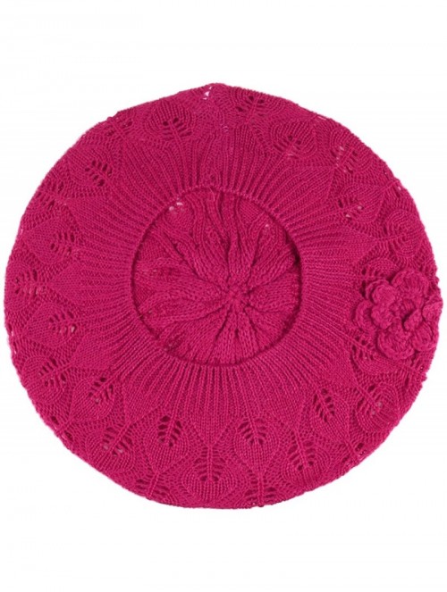 Berets Chic Parisian Style Soft Lightweight Crochet Cutout Knit Beret Beanie Hat - Fuchsia Leafy - CF12MWV1LJO $12.35