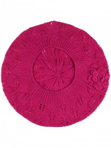 Berets Chic Parisian Style Soft Lightweight Crochet Cutout Knit Beret Beanie Hat - Fuchsia Leafy - CF12MWV1LJO $12.35